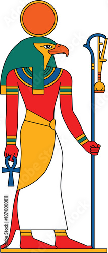 Egyptian God Ra falcon headed deity holding ankh and scepter representing sun god ancient mythology pharaoh religion with sun disk on head for historical illustrations educational content cultural her