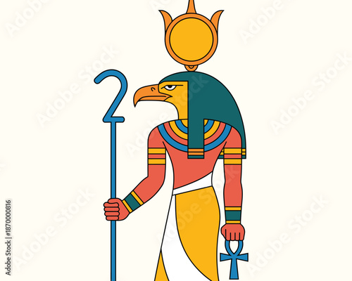 Horus Ancient Egyptian God Pharaoh Illustration Standing Tall Holding Crook and Ankh Symbol Religious Mythology Deity Artwork Depicting Power Divinity and History for Educational Material Archaeologic
