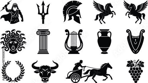 Ancient Greek Mythology Symbols Silhouette Vector Icon Set, gods, Medusa, Pegasus and classical culture design