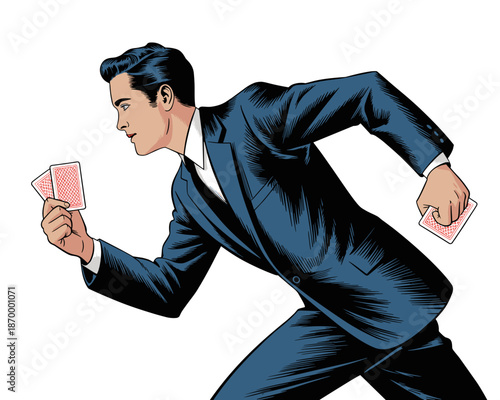 Retro businessman running with playing cards illustration for entertainment industry casino gambling marketing concept energetic professional male character in vintage suit for corporate event promoti