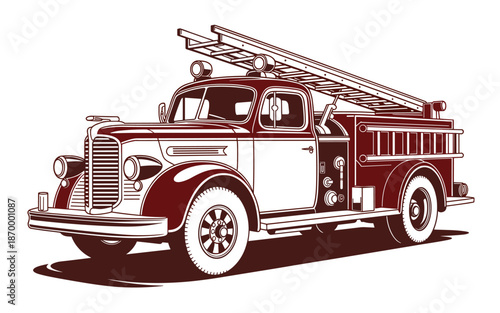 Classic vintage fire truck vector illustration with ladder and lights responding to emergency rescue service isolated on white background for firefighting historical vehicle design emergency services