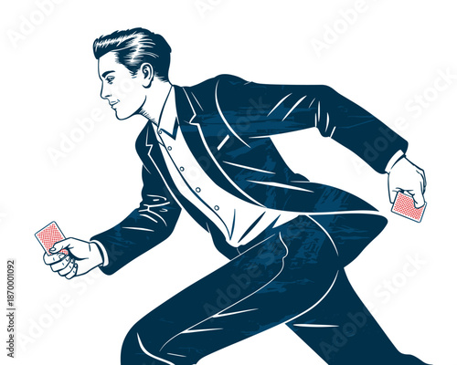 Deceptive businessman running with playing cards illustration for corporate finance risk management concept trickster character in suit for presentation on investments and strategic gambling in busine