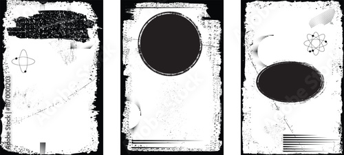 Overlays set, rough edges, scratches for poster design. Rectangular frame template collection . distress texture . Grunge frame borders isolated on the background . Rough edges effect . 