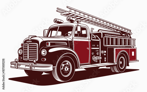 Vintage Firetruck Illustration Vector Graphic Detailed Emergency Vehicle Design Classic Fire Engine Isolated on White Background Firefighting Equipment Drawing for Historical Archives Automotive Enthu
