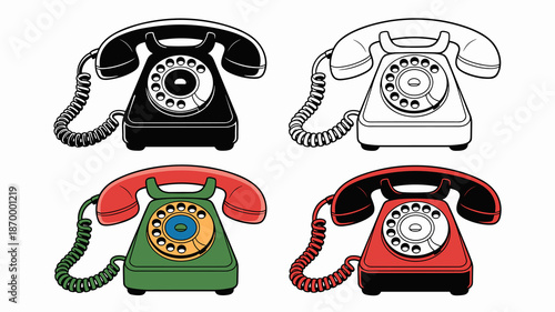 Retro rotary telephone collection illustration featuring vintage phone designs in multiple colors call center communication concept nostalgic technology vector graphic for telecommunications history a