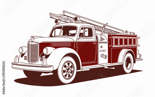 Vintage red and white fire truck with ladder vector illustration classic emergency vehicle antique design for fire department history presentation firefighter safety and rescue service old automobile