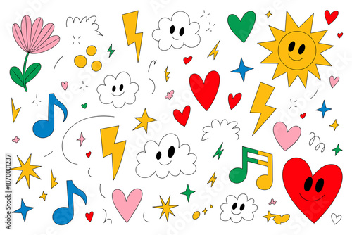 Vibrant trendy cartoon pattern background illustration featuring smiling hearts clouds stars music notes flower and lightning bolts for modern graphic design projects social media content creation and