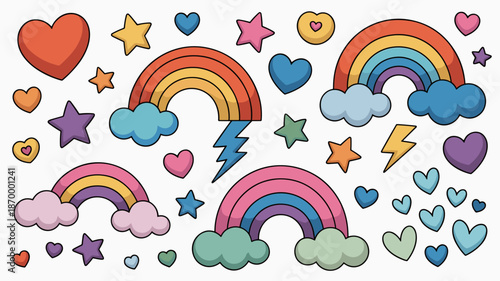Vibrant rainbow heart star illustration with clouds and lightning bolts colorful sky elements for children's designs party decorations nursery art happy positive mood cheerful background graphic resou