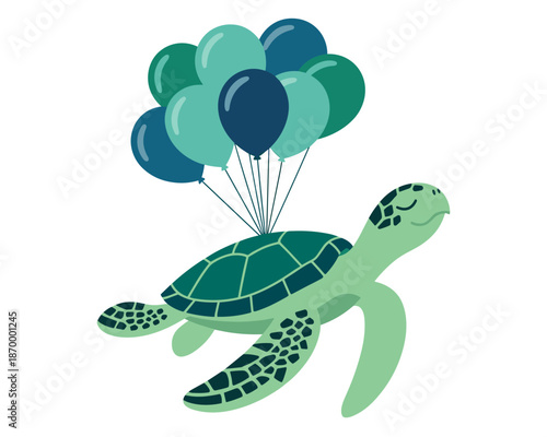 Cartoon sea turtle holding bunch of colorful balloons floating in the sky cheerful marine animal character illustration for children's birthday party invitation card design cute ocean life graphic res