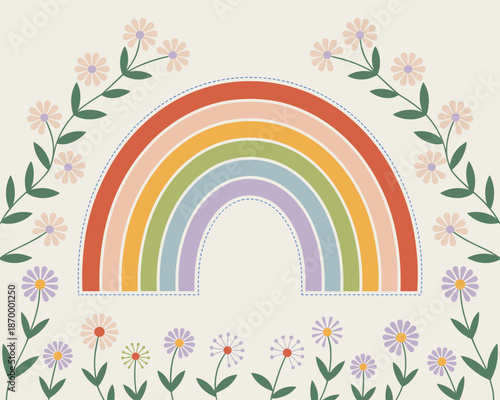 Cute rainbow and flowers illustration with pastel colors for children's decor nursery art design cheerful spring summer design optimistic positive message for greeting cards invitations posters wallpa