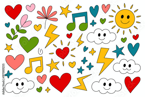 Colorful cartoon doodle illustration background with hearts clouds lightning bolts music notes stars and flowers pattern cheerful fun vector design element for kids fashion apparel textiles posters wa
