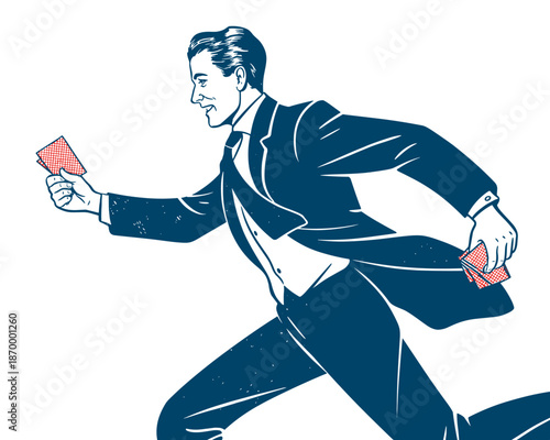 Retro style confident man running with playing cards illustration for game night promotion corporate training presentation risk assessment concept playful design vintage character for advertising camp