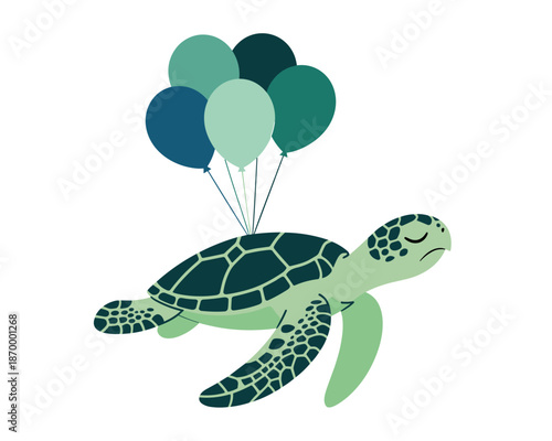 Cartoon sea turtle flying with balloons illustration whimsical marine life character graphic design for children's book cute ocean animal conservation awareness environmental education material climat