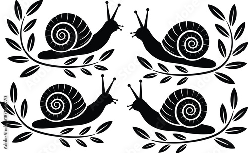 Elegant snail silhouette pattern vector illustration featuring garden snails crawling among leafy olive tree branches nature themed design element for print graphics textiles backgrounds and decorativ