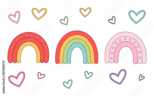 Cute cartoon rainbow and hearts illustration set on white background vibrant colorful graphic design elements for kids children nursery decor positive cheerful fun playful happy decorative art design