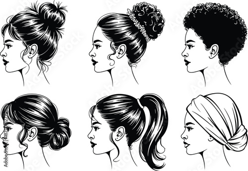 Diverse women's hairstyles illustration set in black and white line art for beauty salon advertisement modern minimalist design showcasing elegant updo ponytail afro and turban styles for fashion beau