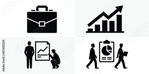 Professional business strategy meeting with briefcase and graphs showing growth and teamwork in corporate settings planning for success with marketing presentations and financial analysis for company