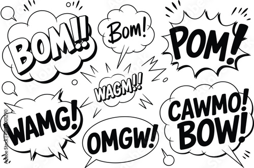 Dynamic Comic Speech Bubbles with Onomatopoeia for Creative Projects Black and White Pop Art Style Cartoon Sound Effects Illustration Pack for Graphic Design Marketing Materials and Childrens Educatio