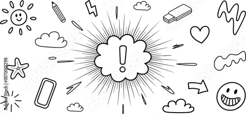 Attention Exclamation Point Bursting with Energy and Creativity Surrounded by Doodle Icons Design Element Hand-Drawn Style for Presentations Marketing Materials Education Technology Creative Projects