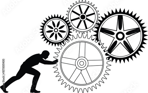 Silhouette man pushing large gears in motion business mechanism teamwork concept for corporate strategy and engineering solutions efficient system process management performance optimization graphic f