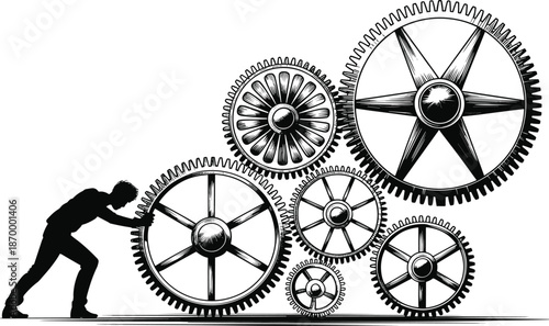 Silhouette man pushing large gears for industrial revolution concept vector illustration of mechanical engineering teamwork in motion for business solutions innovation and development in manufacturing