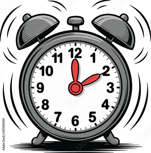 Classic ringing alarm clock illustration showing early morning time management wake up call reminder for deadline schedule in retro style vector graphic for websites presentations and educational mate