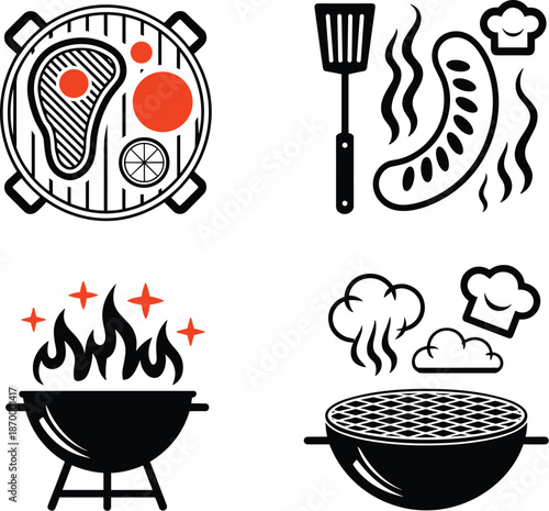 Grilling and Barbecue Food Icons Vector Illustration Set Featuring Steak Sausage and Grill for Summer Cookout BBQ Party Invitation Design Elements Food and Beverage Industry Marketing Materials and Re