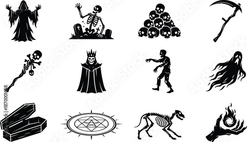 Undead Horror and Dark Magic Silhouette Vector Icon Set, grim reaper, zombie, ghost, coffin and gothic Halloween design