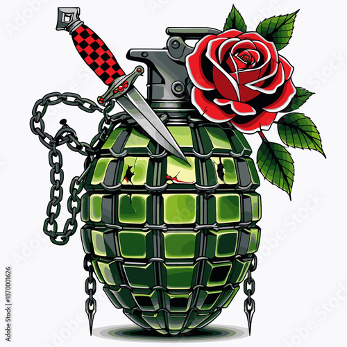image of a grenade with a background of roses and a knife