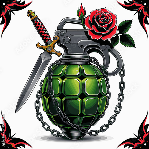 image of a grenade with a background of roses and a knife
