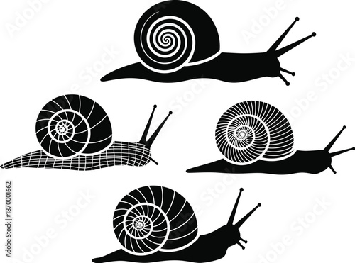 Creative snail silhouette set crawling forward in formation vector illustration of unique mollusk designs with abstract spiral shells moving together for nature studies biology class science lessons a
