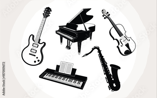Variety of musical instruments including guitar piano keyboard violin and saxophone creating diverse orchestra band ensemble performance potential for music education schools concert halls entertainme