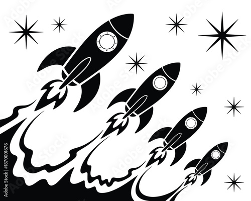 Retro Black and White Rocket Ship Launching into Space with Stars Illustration Graphic Design Concept for Technology Startups and Aerospace Industry Projects Space Exploration and Innovation Theme Vec