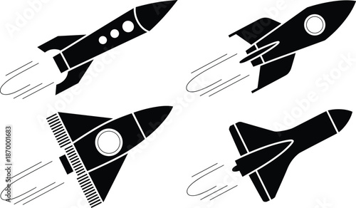 Set of four black and white rocket ships launching in flight with dynamic motion trails innovative spacecraft startup concept for technology companies aerospace engineering projects science education