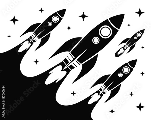 Black and white illustration of rockets launching into space with star accents concept of startup ventures and business growth innovative technologies and creative projects for technology companies an