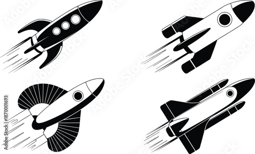 Modern black and white rocket ship spaceship launching flying in space travel cartoon illustration set for technology startup company futuristic innovation and creative project in transportation and s