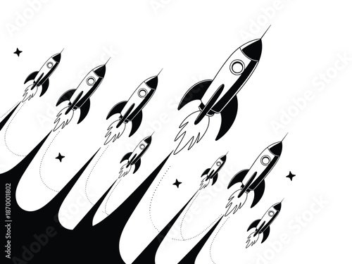 Black and white rockets launching into space for startup business technology concept innovative product development and growth strategy concept for modern company success in marketing advertising and