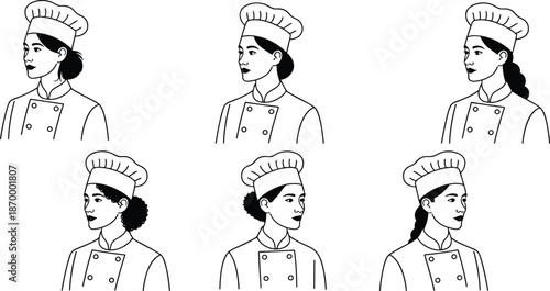 Diverse female chefs in uniform illustration set professional cooks in restaurant kitchen culinary arts design element for catering service food industry branding bakery pastry cooking classes line ar