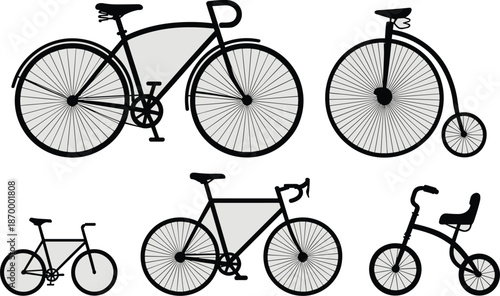 Assorted bicycle silhouettes bike types including vintage penny-farthing road bike child tricycle and modern racing cycle for sport transportation recreation healthy lifestyle cycling adventure graphi