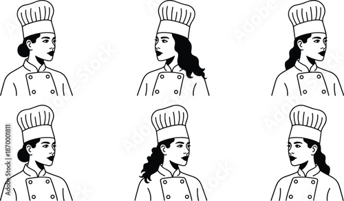 Elegant female chef in uniform illustration seamless pattern culinary expert line art design for restaurant branding catering service modern menu graphic background professional baker pastry chef conc