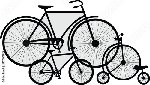 Abstract assortment of bicycle silhouettes transportation and recreation concept vector illustration showing various bike shapes and sizes for cycling enthusiasts and graphic design projects fitness a