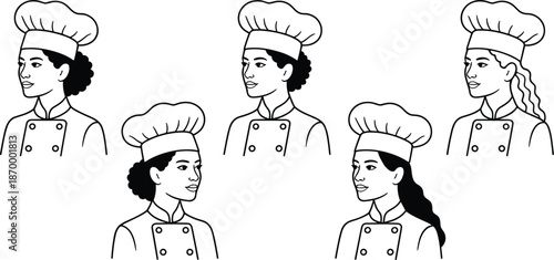 Diverse female chef portraits in outline style wearing toque blanche uniform professional kitchen staff culinary team concept for restaurant catering bakery food service advertising website promotion