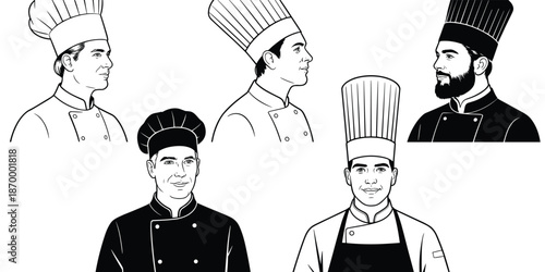Professional Chef Team Vector Illustration of Diverse Cooks in Uniform Hats Food Preparation Culinary Experts Graphic Resource for Restaurant Menu Design Catering Service Advertisement Black and White