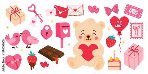 Valentine Day Set With Teddy Bear Hearts Gifts Chocolate Balloons And Romantic Symbols Illustration