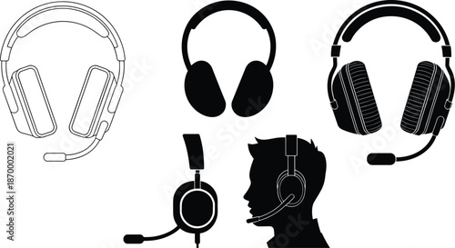 Professional gaming headset microphone communication device vector illustrations for esports team streamers call center customer service support operators online meeting conference modern technology a