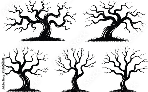 Spooky bare trees silhouettes in eerie forest landscape for halloween background design scary gothic tree vector illustration for horror themed posters and autumn season holiday decorations nature the