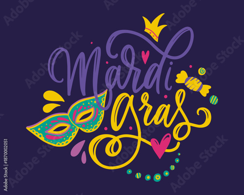 Mardi Gras Celebration Illustration With Masquerade Mask Beads Crown and Decorative Script on Dark Background