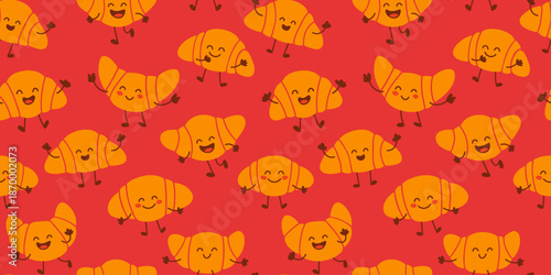 Croissant Seamless Pattern With Cute Smiling Pastry Characters on Red Background