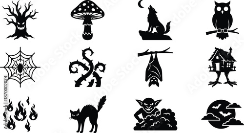 Spooky Forest and Halloween Silhouette Vector Icon Set, haunted tree, wolf, bat, black cat, goblin and moon night design