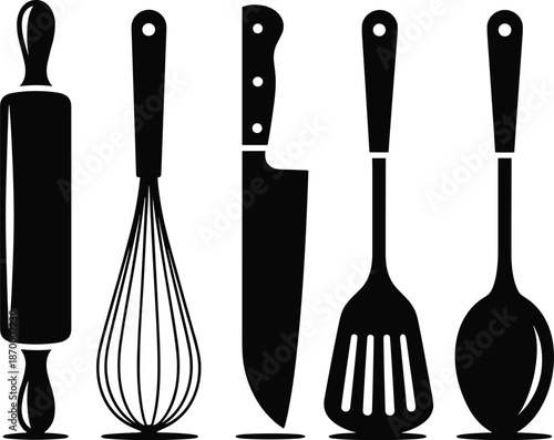 Black silhouette kitchen utensil set illustration including rolling pin whisk chef knife spatula spoon cooking and baking equipment for food preparation culinary arts restaurant catering supplies simp